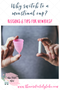 woman holding menstrual cup and tampon, why switch to a menstrual cup title