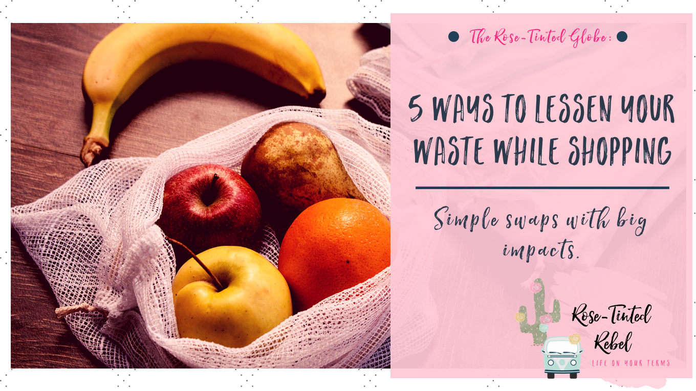 fruit in a reusable produce bag, low-waste shopping hacks title