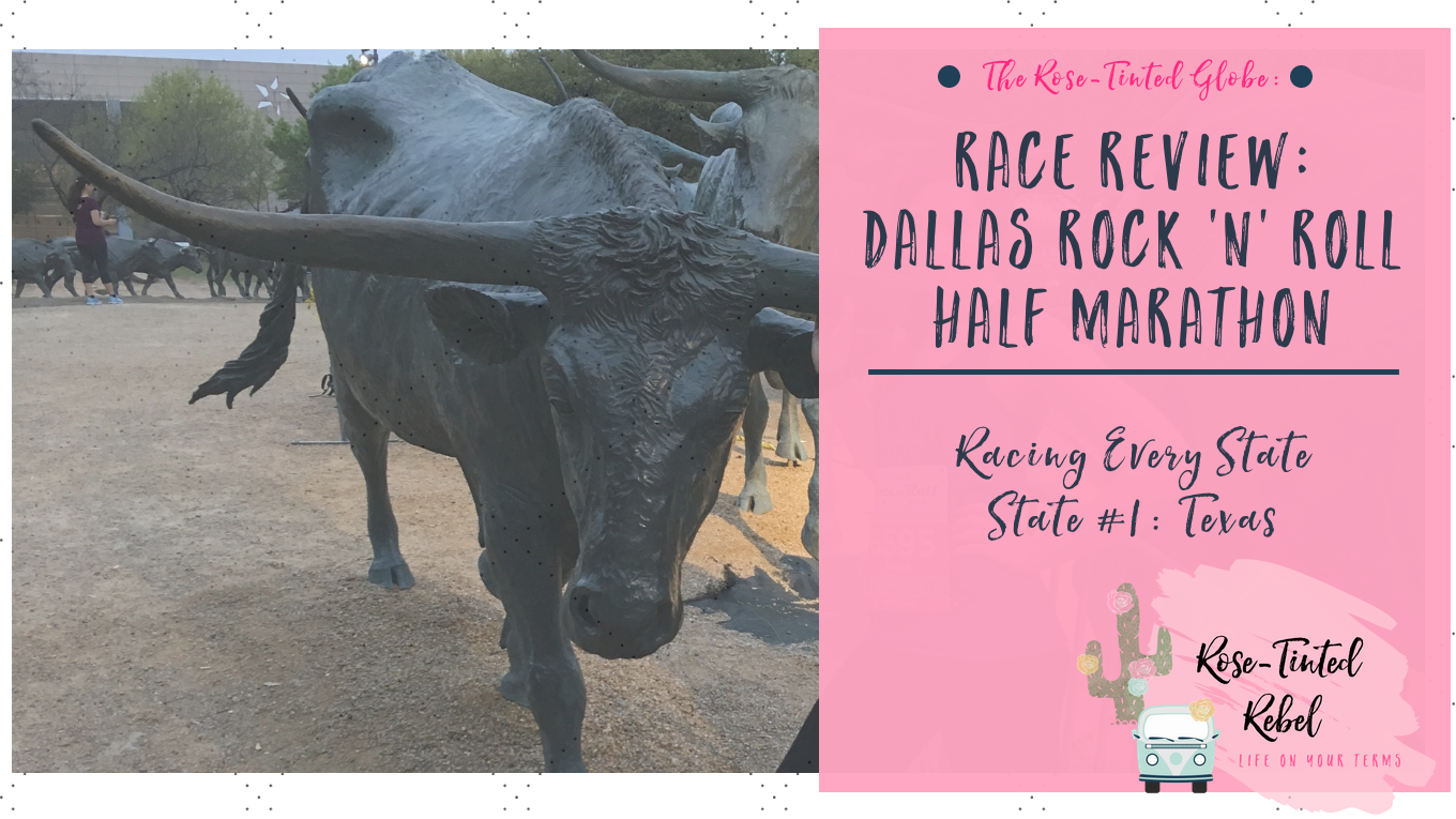 metal bull statue in dallas texas, text - race review dallas rock 'n' roll half