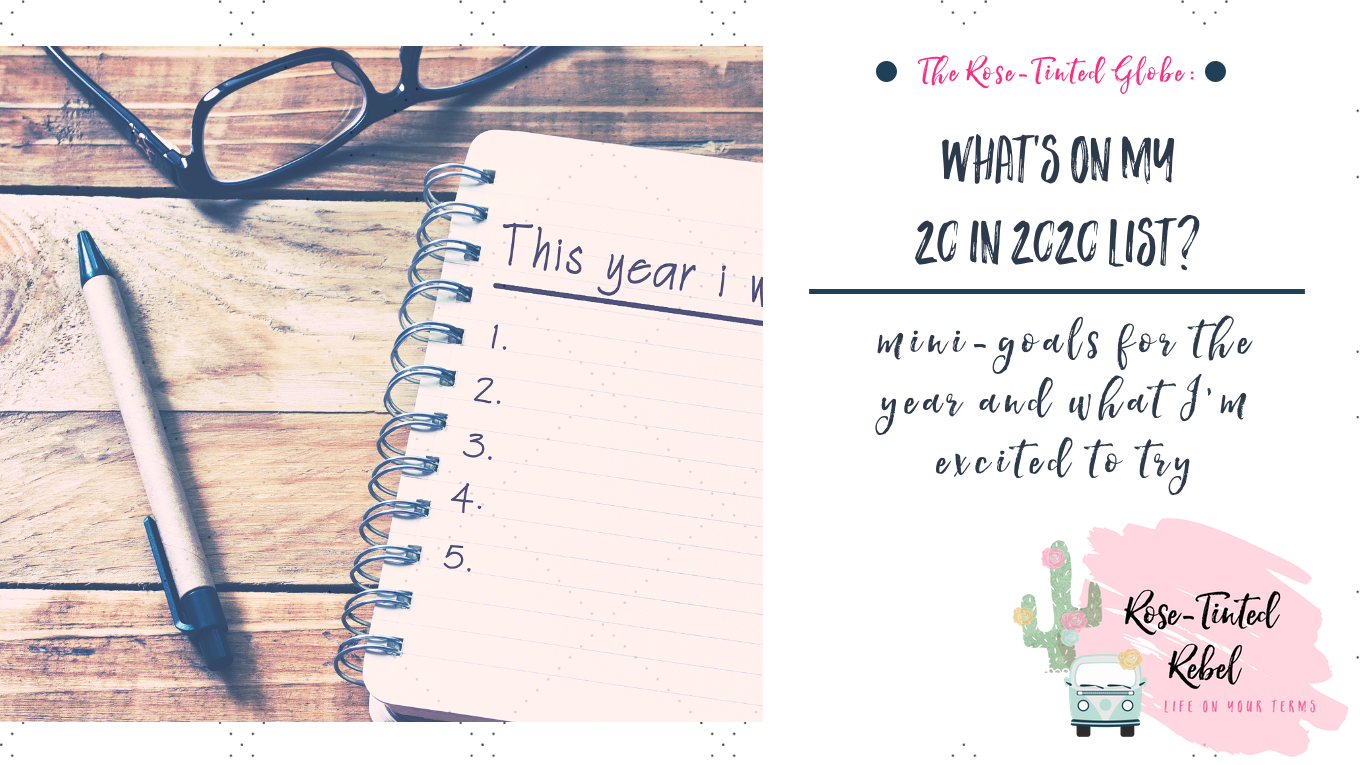 glasses, pen, and notebook, title: what's on my 20 in 2020 list
